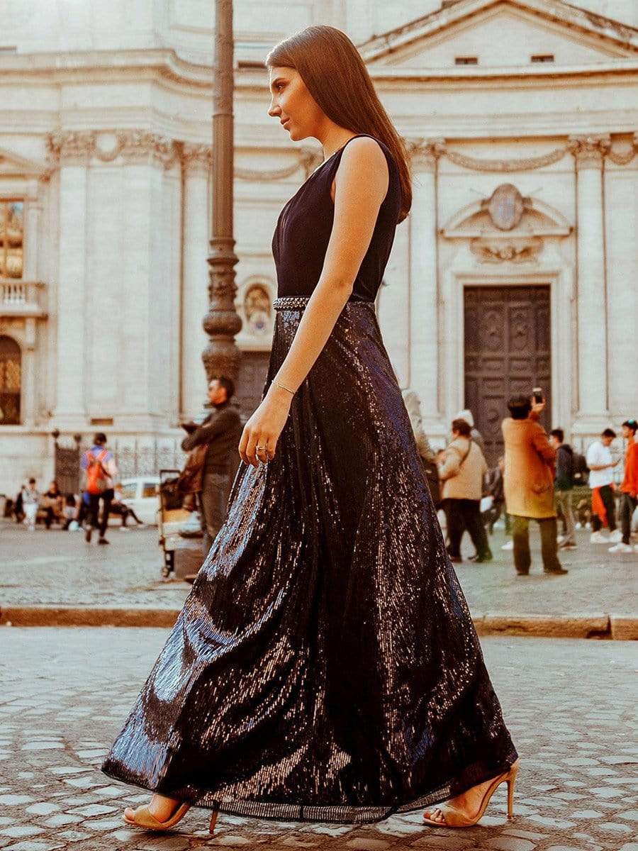 COLOR=Navy Blue | Floor Length Velvet And Sequin Evening Dress-Navy Blue 3 COLOR=Navy Blue | Floor Length Velvet And Sequin Evening Dress-Navy Blue 3