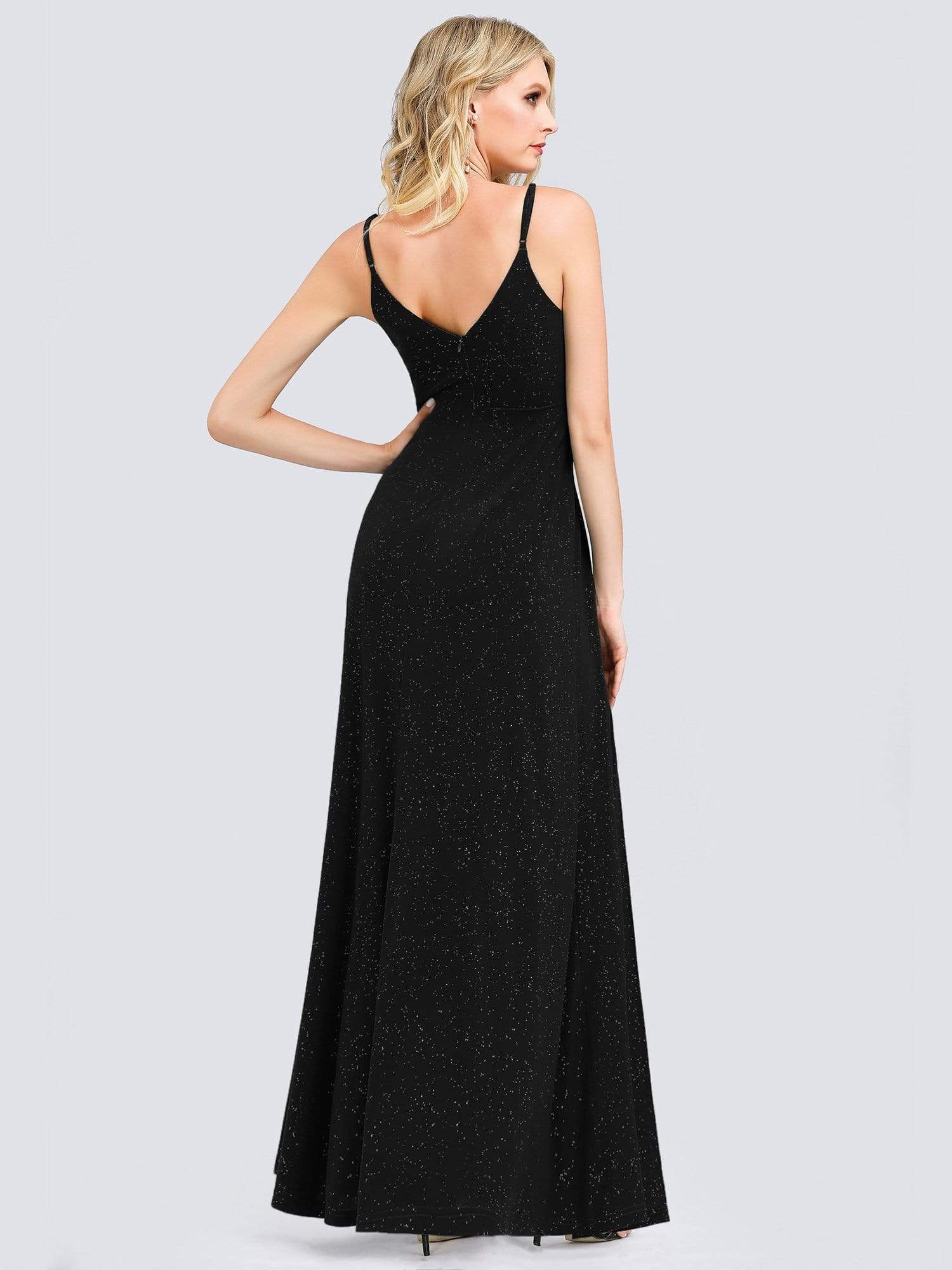 Color=Black | Shimmery Long V Neck Prom Dress With Slit-Black 2 Color=Black | Shimmery Long V Neck Prom Dress With Slit-Black 2