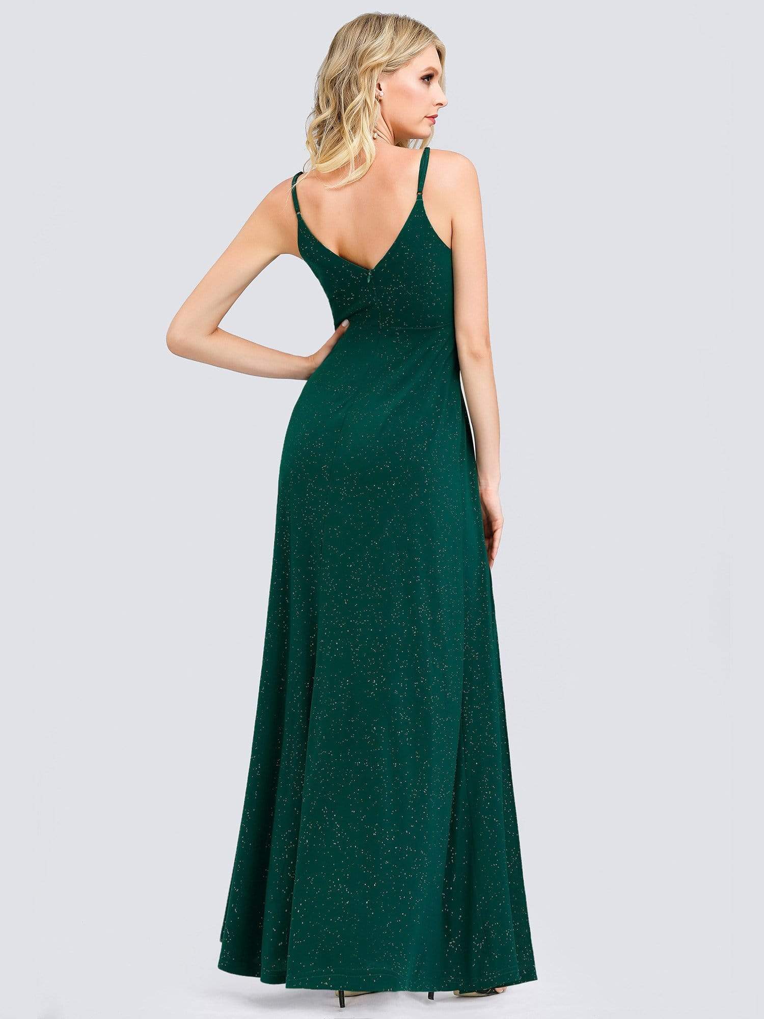 Color=Dark Green | Shimmery Long V Neck Prom Dress With Slit-Dark Green 5 Color=Dark Green | Shimmery Long V Neck Prom Dress With Slit-Dark Green 5