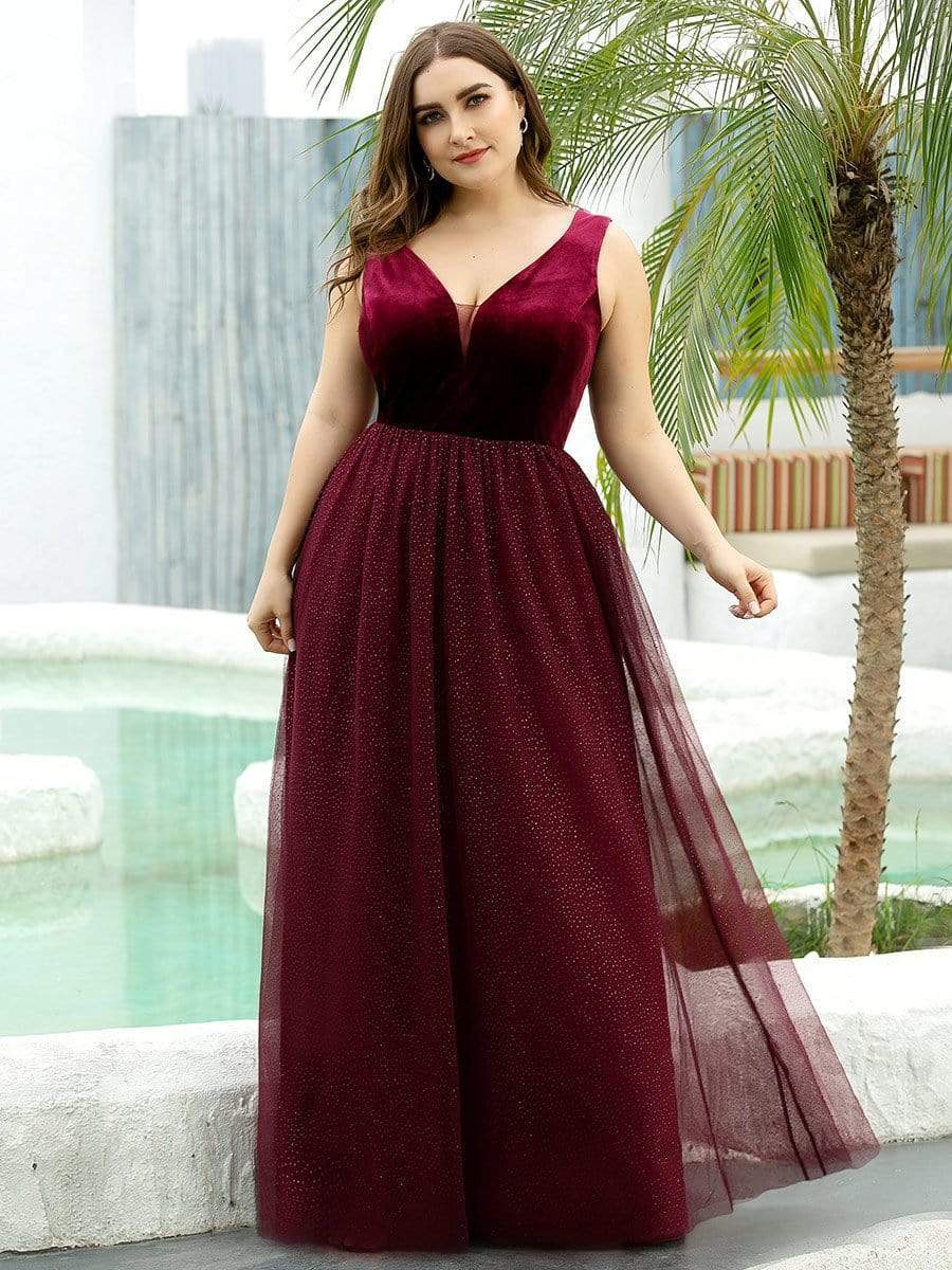 COLOR=Burgundy | Plus Size Deep V Neck A-Line Velvet & Tulle Evening Dresses-Burgundy 1 COLOR=Burgundy | Plus Size Deep V Neck A-Line Velvet & Tulle Evening Dresses-Burgundy 1