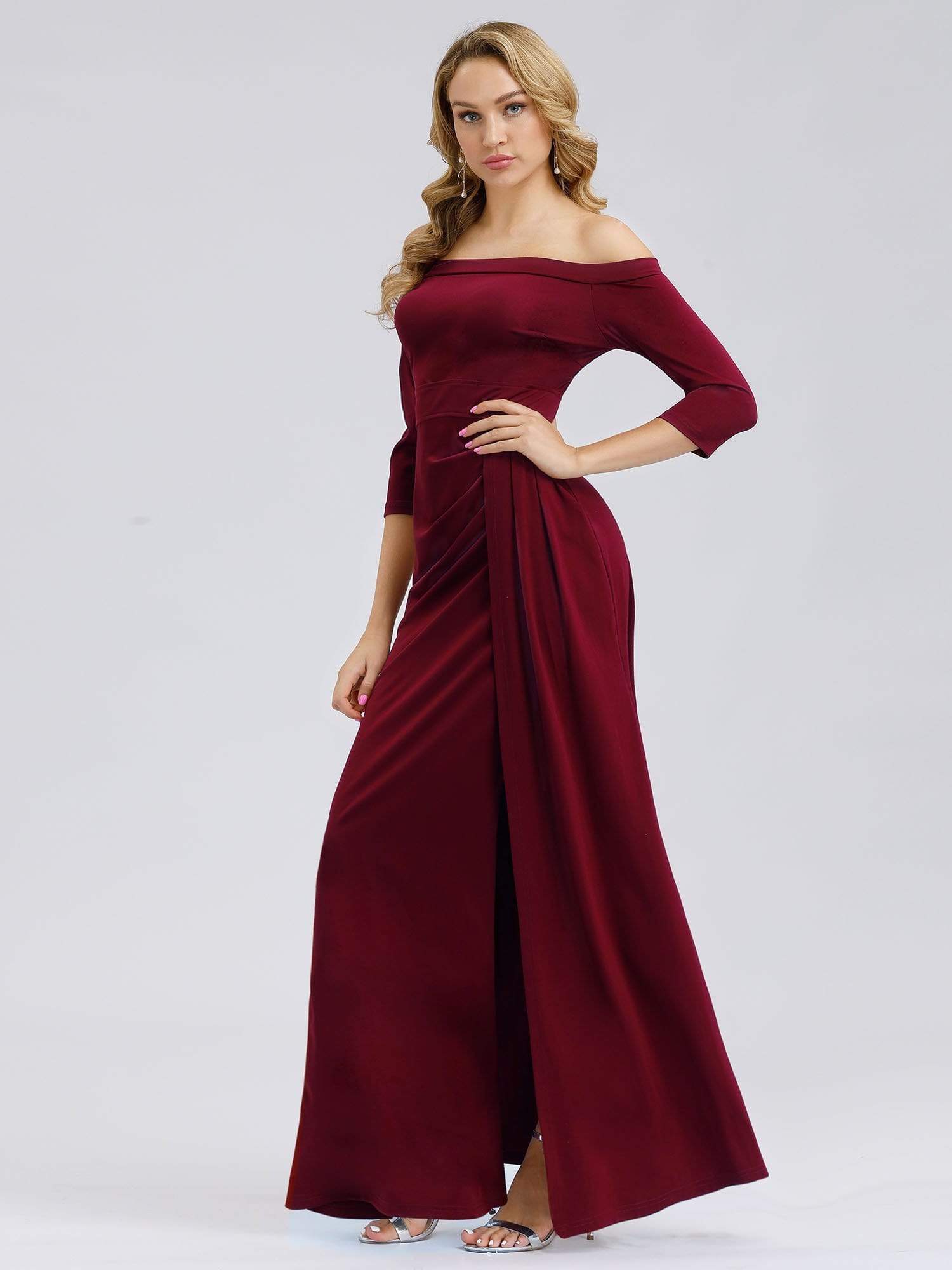 Color=Burgundy | Floor Length Off Shoulder Evening Dress With Thigh High Slit-Burgundy 3 Color=Burgundy | Floor Length Off Shoulder Evening Dress With Thigh High Slit-Burgundy 3