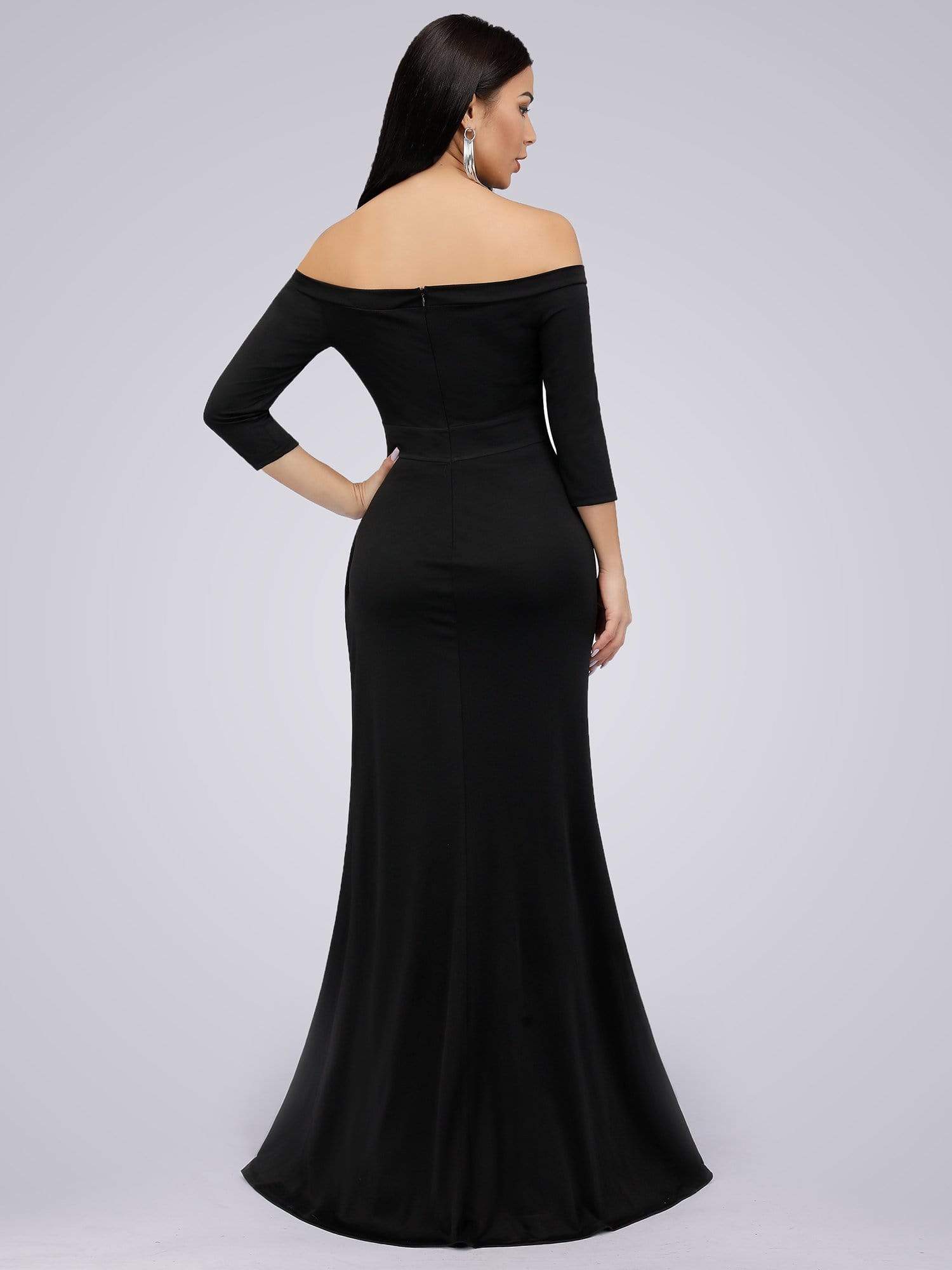 Color=Black | Floor Length Off Shoulder Evening Dress With Thigh High Slit-Black 2 Color=Black | Floor Length Off Shoulder Evening Dress With Thigh High Slit-Black 2