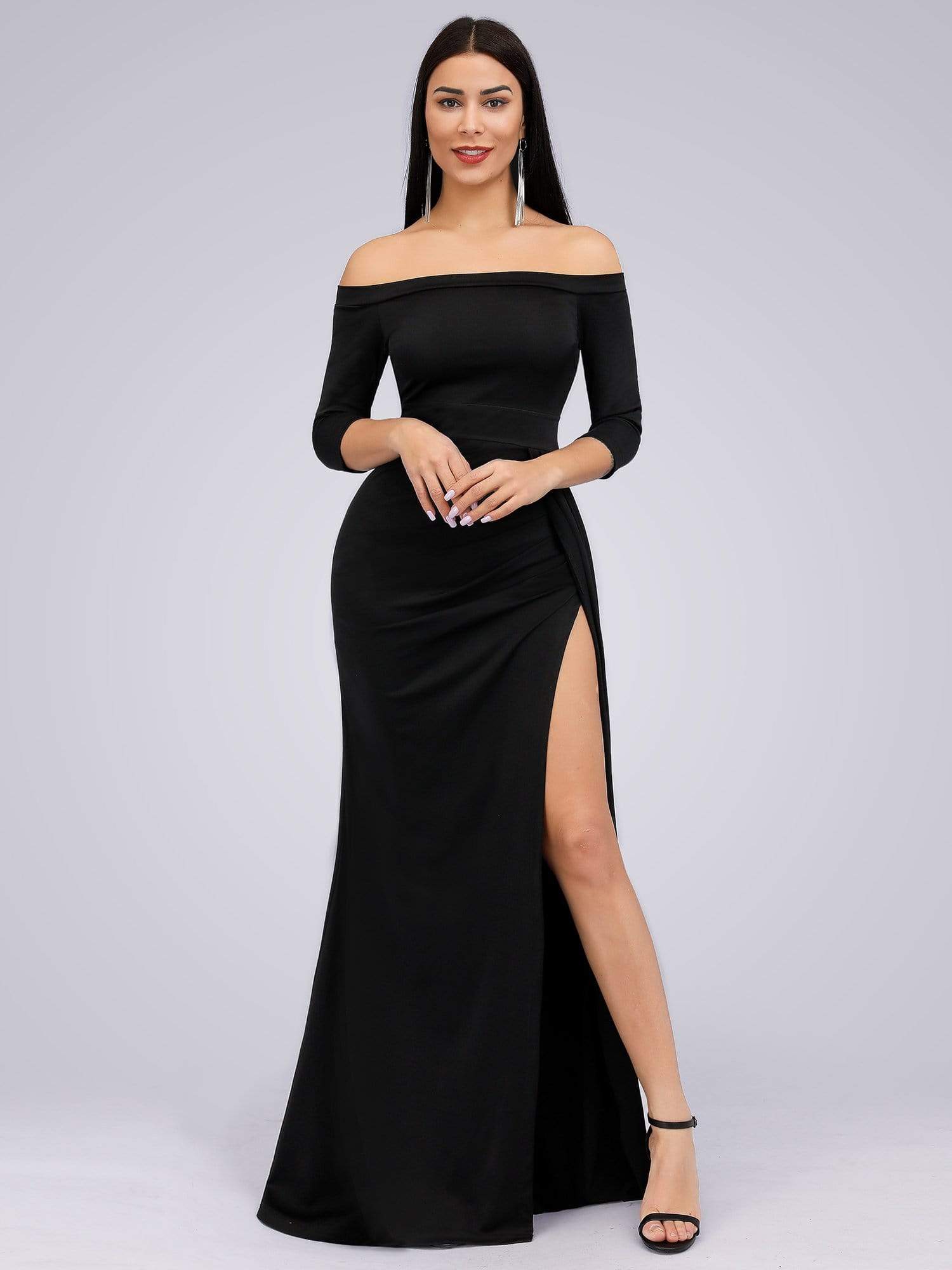 Color=Black | Floor Length Off Shoulder Evening Dress With Thigh High Slit-Black 1 Color=Black | Floor Length Off Shoulder Evening Dress With Thigh High Slit-Black 1