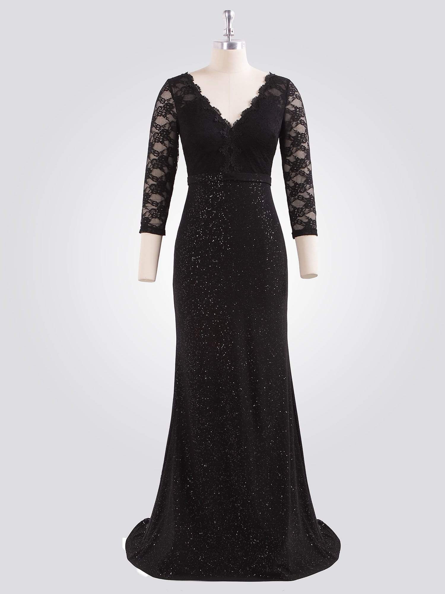 Color=Black | Long Shimmery Lace Black Evening Gown-Black 6 Color=Black | Long Shimmery Lace Black Evening Gown-Black 6