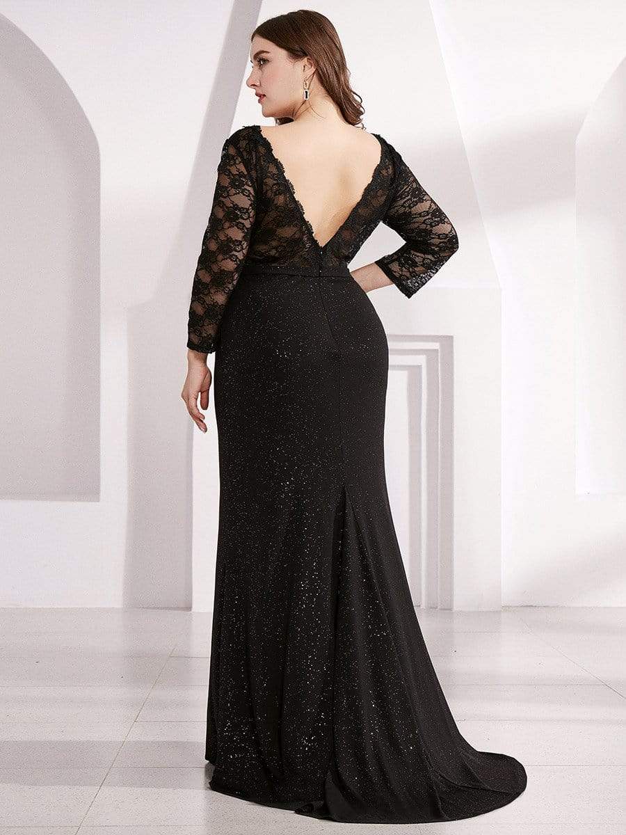 Color=Black | Long Shimmery Lace Black Evening Gown-Black 9 Color=Black | Long Shimmery Lace Black Evening Gown-Black 9