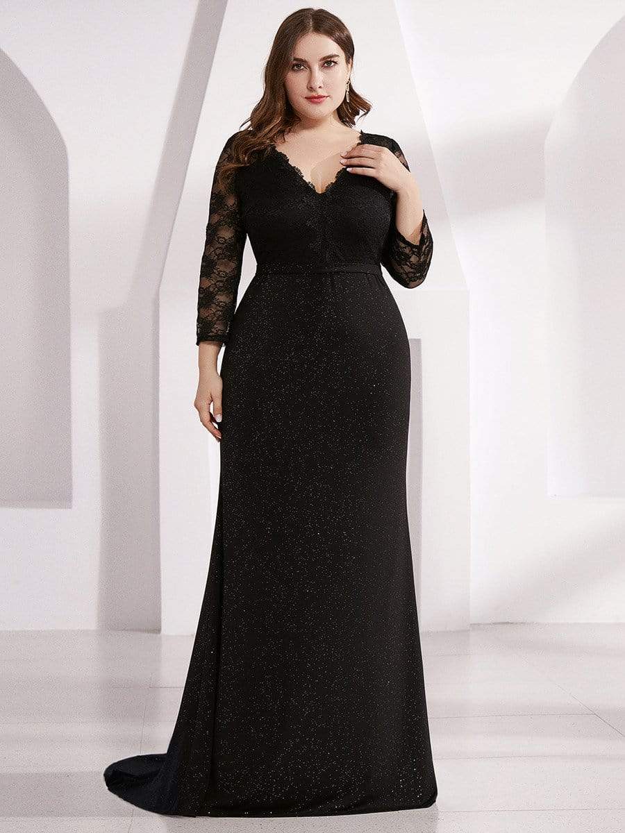 Color=Black | Long Shimmery Lace Black Evening Gown-Black 1 Color=Black | Long Shimmery Lace Black Evening Gown-Black 1