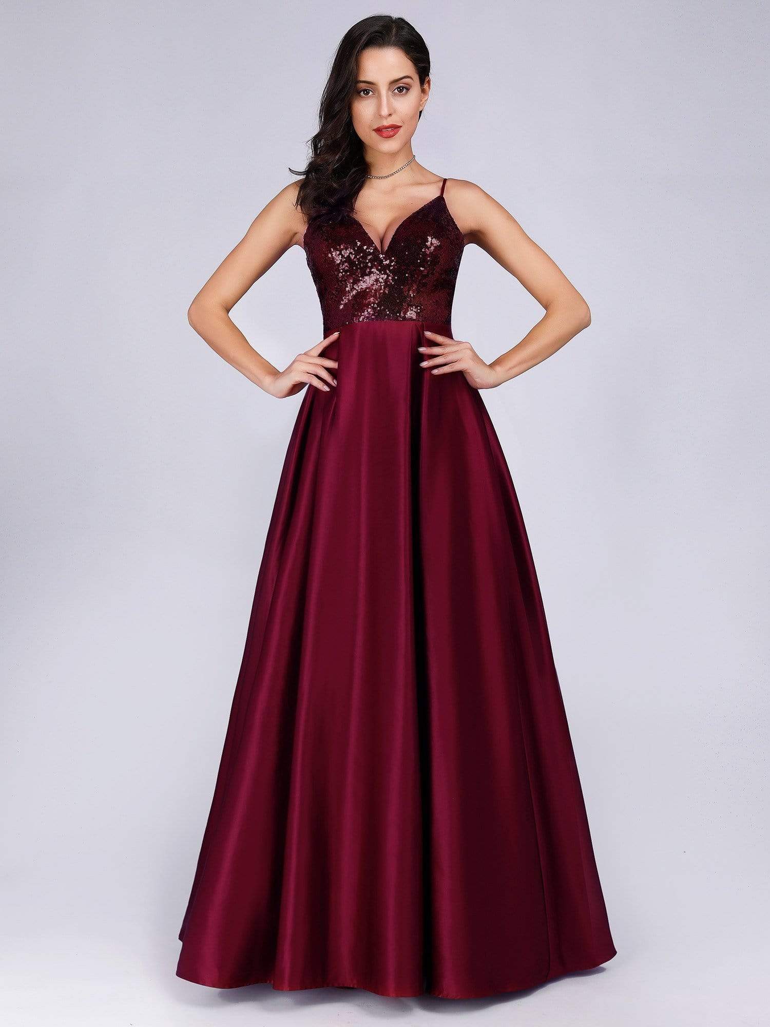 Color=Burgundy | Women Deep V Neck Long Sleeveless Paillette Evening Prom Dress-Burgundy 4 Color=Burgundy | Women Deep V Neck Long Sleeveless Paillette Evening Prom Dress-Burgundy 4