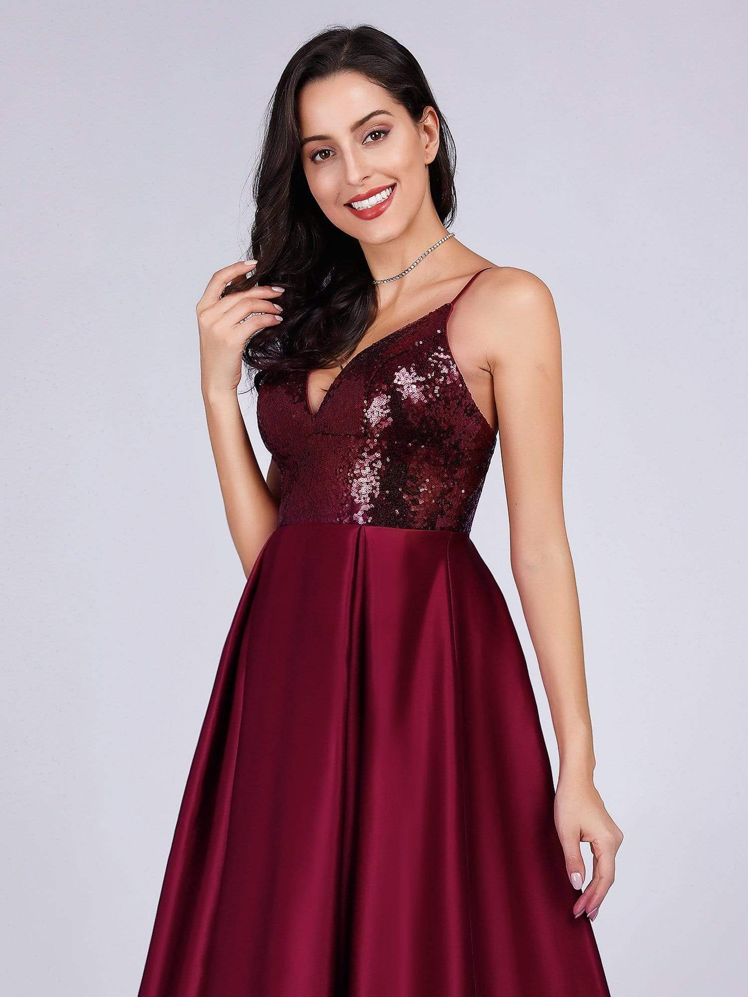 Color=Burgundy | Women Deep V Neck Long Sleeveless Paillette Evening Prom Dress-Burgundy 5 Color=Burgundy | Women Deep V Neck Long Sleeveless Paillette Evening Prom Dress-Burgundy 5