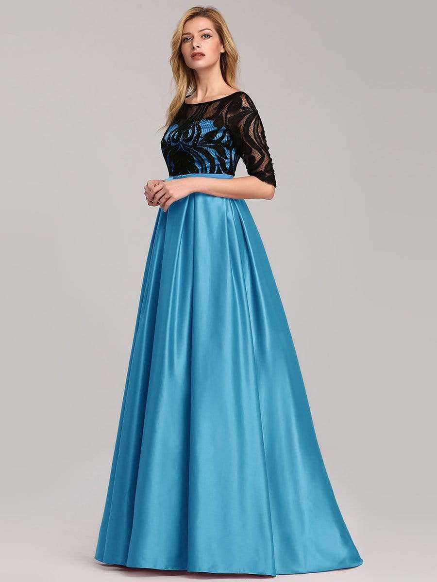 Color=Sky Blue | Women Lace Round Neck Formal Evening Dress-Sky Blue 3 Color=Sky Blue | Women Lace Round Neck Formal Evening Dress-Sky Blue 3
