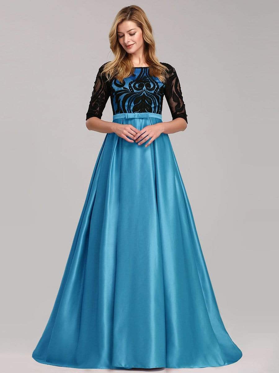 Color=Sky Blue | Women Lace Round Neck Formal Evening Dress-Sky Blue 4 Color=Sky Blue | Women Lace Round Neck Formal Evening Dress-Sky Blue 4