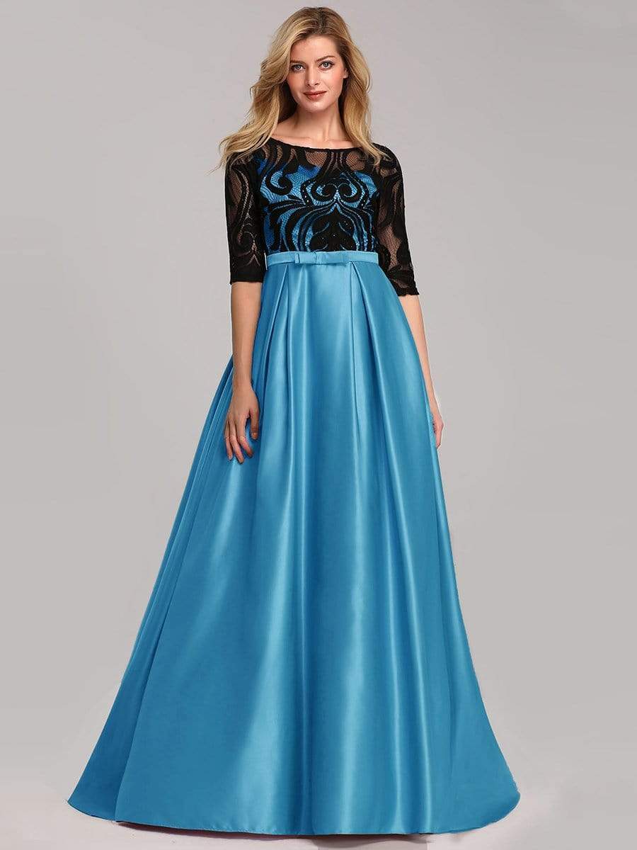 Color=Sky Blue | Women Lace Round Neck Formal Evening Dress-Sky Blue 1 Color=Sky Blue | Women Lace Round Neck Formal Evening Dress-Sky Blue 1
