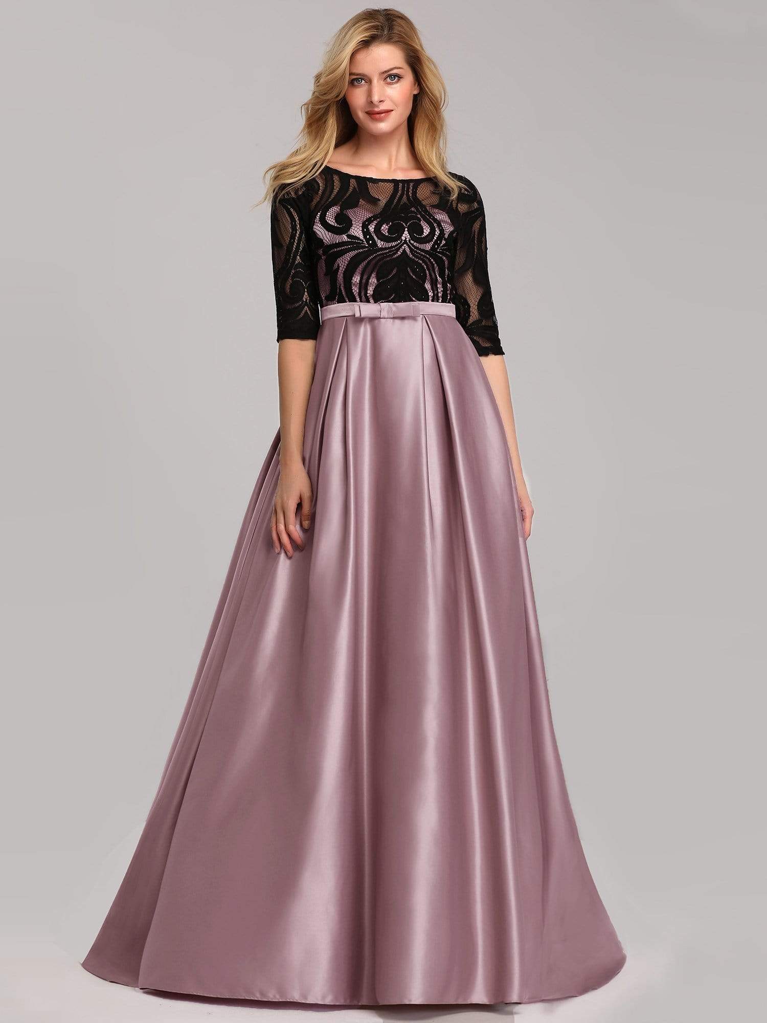 Color=Mauve | Women Lace Round Neck Formal Evening Dress-Mauve 5 Color=Mauve | Women Lace Round Neck Formal Evening Dress-Mauve 5