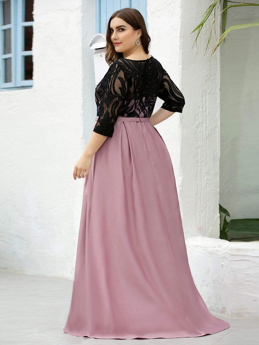 COLOR=Mauve | Plus Size Women Lace Round Neck Formal Evening Dress-Mauve 2 COLOR=Mauve | Plus Size Women Lace Round Neck Formal Evening Dress-Mauve 2