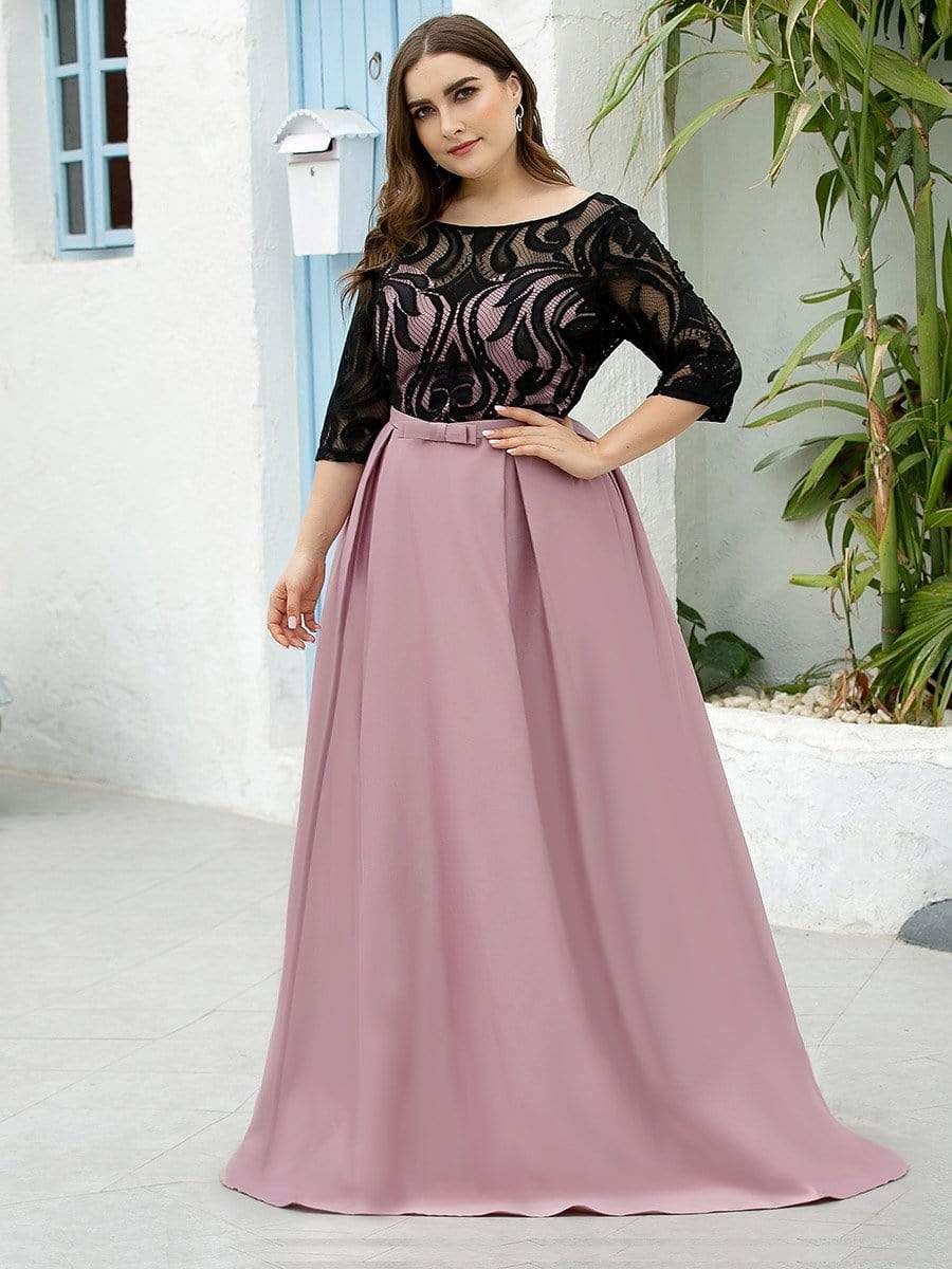 COLOR=Mauve | Plus Size Women Lace Round Neck Formal Evening Dress-Mauve 3 COLOR=Mauve | Plus Size Women Lace Round Neck Formal Evening Dress-Mauve 3