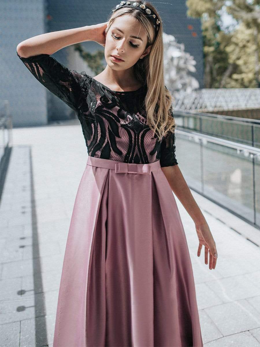 Color=Mauve | Women Lace Round Neck Formal Evening Dress-Mauve 2 Color=Mauve | Women Lace Round Neck Formal Evening Dress-Mauve 2