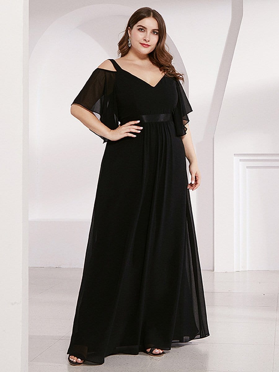 Color=Black | Women'S Off Shoulder Floor Length Bridesmaid Dress With Ruffle Sleeves-Black 1 Color=Black | Women'S Off Shoulder Floor Length Bridesmaid Dress With Ruffle Sleeves-Black 1