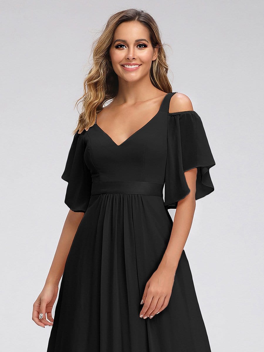 Color=Black | Women'S Off Shoulder Floor Length Bridesmaid Dress With Ruffle Sleeves-Black 3 Color=Black | Women'S Off Shoulder Floor Length Bridesmaid Dress With Ruffle Sleeves-Black 3