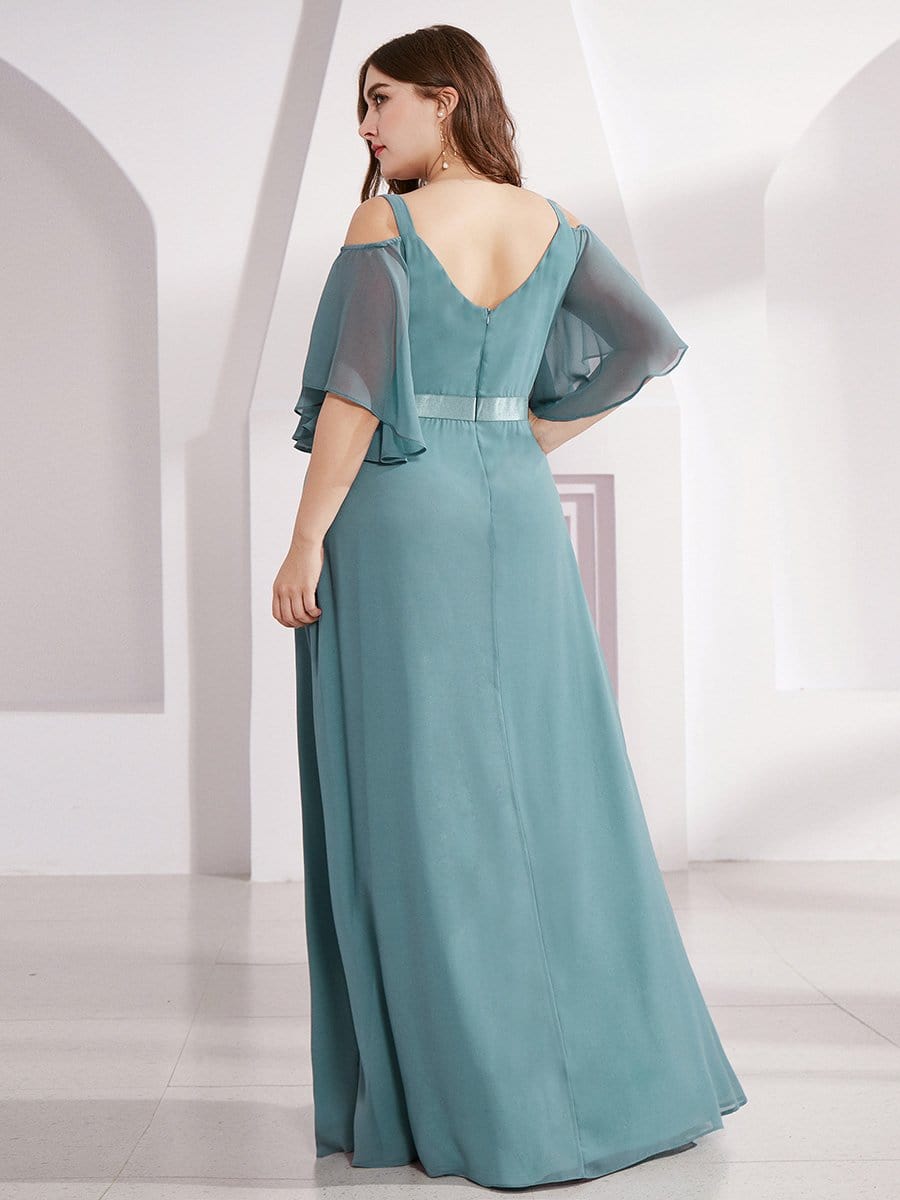Color=Dusty Blue | Women'S Off Shoulder Floor Length Bridesmaid Dress With Ruffle Sleeves-Dusty Blue 2 Color=Dusty Blue | Women'S Off Shoulder Floor Length Bridesmaid Dress With Ruffle Sleeves-Dusty Blue 2