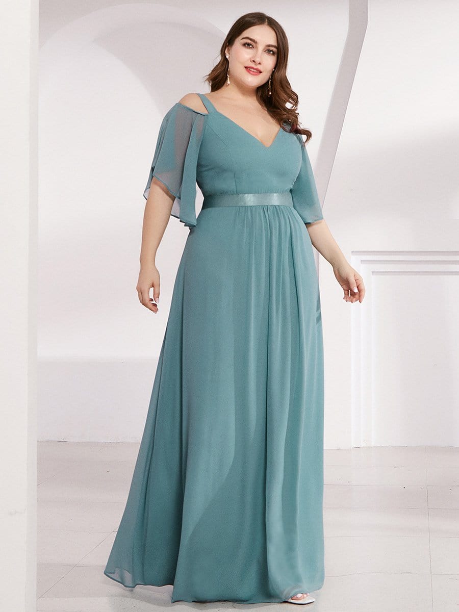 Color=Dusty Blue | Women'S Off Shoulder Floor Length Bridesmaid Dress With Ruffle Sleeves-Dusty Blue 4 Color=Dusty Blue | Women'S Off Shoulder Floor Length Bridesmaid Dress With Ruffle Sleeves-Dusty Blue 4