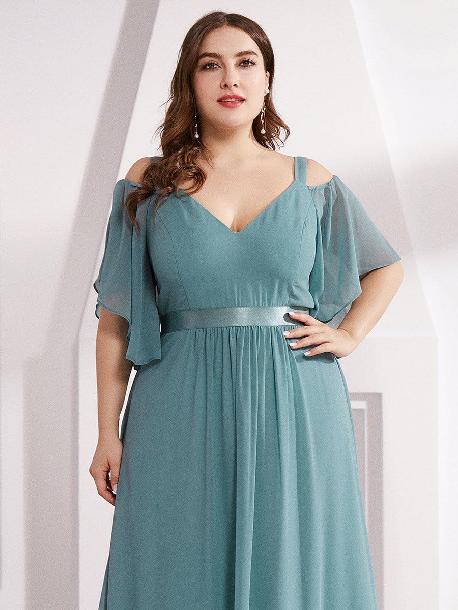 Color=Dusty Blue | Women'S Off Shoulder Floor Length Bridesmaid Dress With Ruffle Sleeves-Dusty Blue 3 Color=Dusty Blue | Women'S Off Shoulder Floor Length Bridesmaid Dress With Ruffle Sleeves-Dusty Blue 3