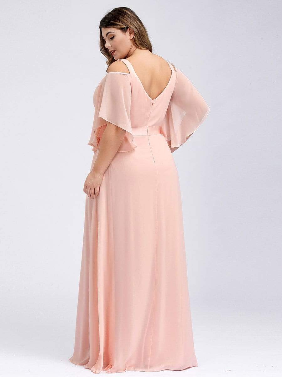 Color=Pink | Women'S Off Shoulder Floor Length Bridesmaid Dress With Ruffle Sleeves-Pink 18 Color=Pink | Women'S Off Shoulder Floor Length Bridesmaid Dress With Ruffle Sleeves-Pink 18