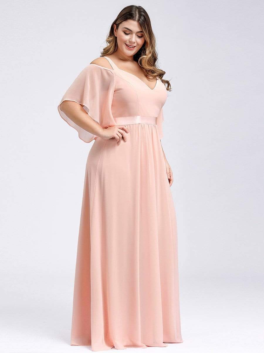 Color=Pink | Plus Size Women'S Off Shoulder Floor Length Bridesmaid Dress With Ruffle Sleeves-Pink 3 Color=Pink | Plus Size Women'S Off Shoulder Floor Length Bridesmaid Dress With Ruffle Sleeves-Pink 3