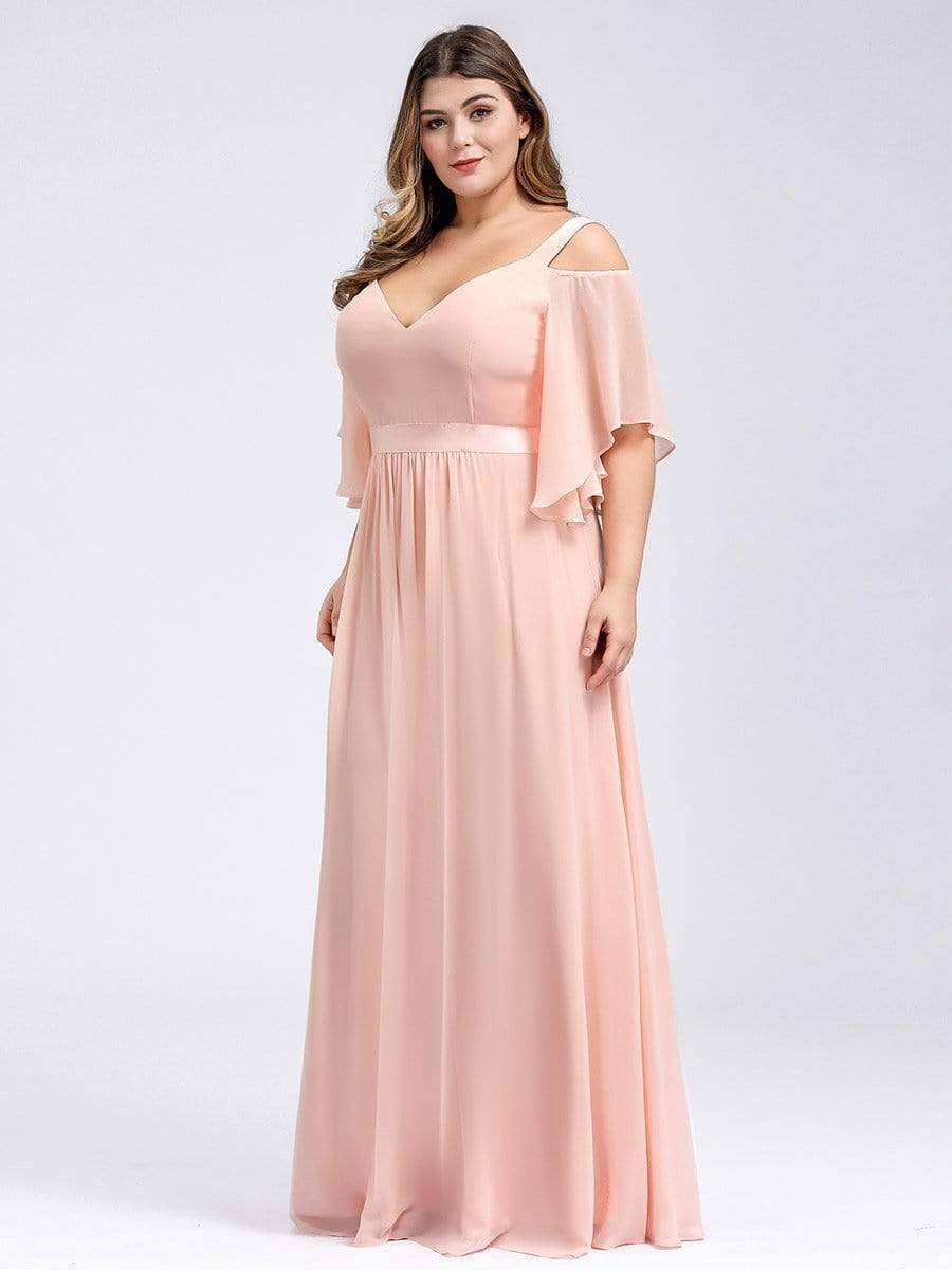 Color=Pink | Plus Size Women'S Off Shoulder Floor Length Bridesmaid Dress With Ruffle Sleeves-Pink 4 Color=Pink | Plus Size Women'S Off Shoulder Floor Length Bridesmaid Dress With Ruffle Sleeves-Pink 4