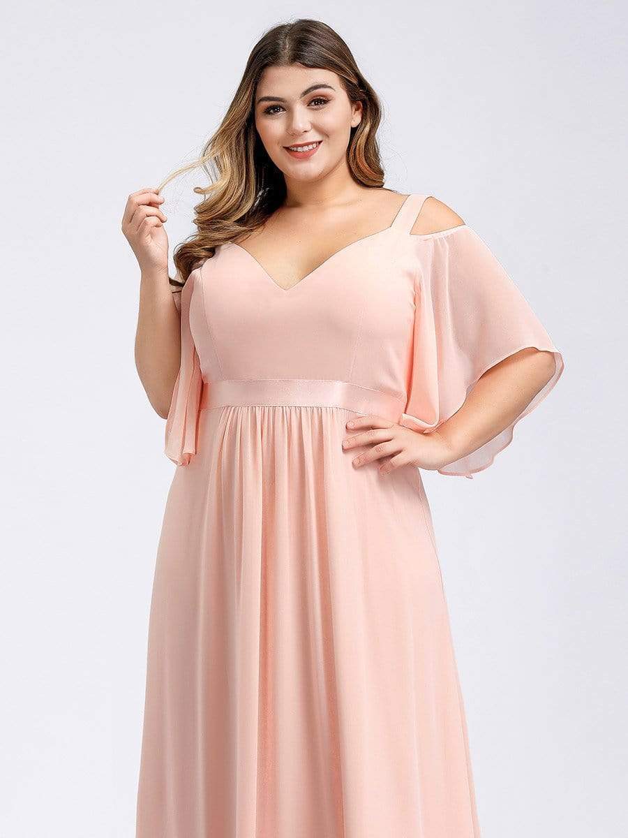 Color=Pink | Plus Size Women'S Off Shoulder Floor Length Bridesmaid Dress With Ruffle Sleeves-Pink 5 Color=Pink | Plus Size Women'S Off Shoulder Floor Length Bridesmaid Dress With Ruffle Sleeves-Pink 5