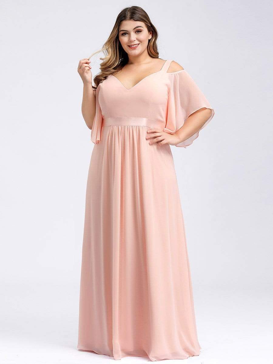 Color=Pink | Plus Size Women'S Off Shoulder Floor Length Bridesmaid Dress With Ruffle Sleeves-Pink 1 Color=Pink | Plus Size Women'S Off Shoulder Floor Length Bridesmaid Dress With Ruffle Sleeves-Pink 1