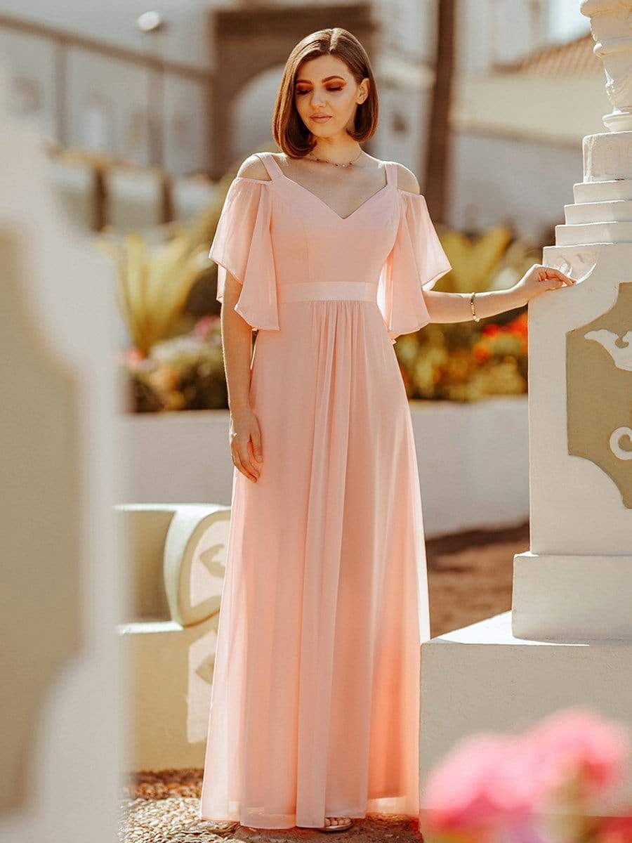 Color=Pink | Women'S Off Shoulder Floor Length Bridesmaid Dress With Ruffle Sleeves-Pink 1 Color=Pink | Women'S Off Shoulder Floor Length Bridesmaid Dress With Ruffle Sleeves-Pink 1