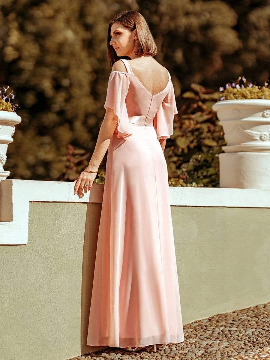 Color=Pink | Women'S Off Shoulder Floor Length Bridesmaid Dress With Ruffle Sleeves-Pink 5 Color=Pink | Women'S Off Shoulder Floor Length Bridesmaid Dress With Ruffle Sleeves-Pink 5