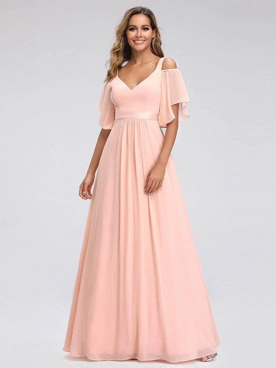 Color=Pink | Women'S Off Shoulder Floor Length Bridesmaid Dress With Ruffle Sleeves-Pink 12 Color=Pink | Women'S Off Shoulder Floor Length Bridesmaid Dress With Ruffle Sleeves-Pink 12