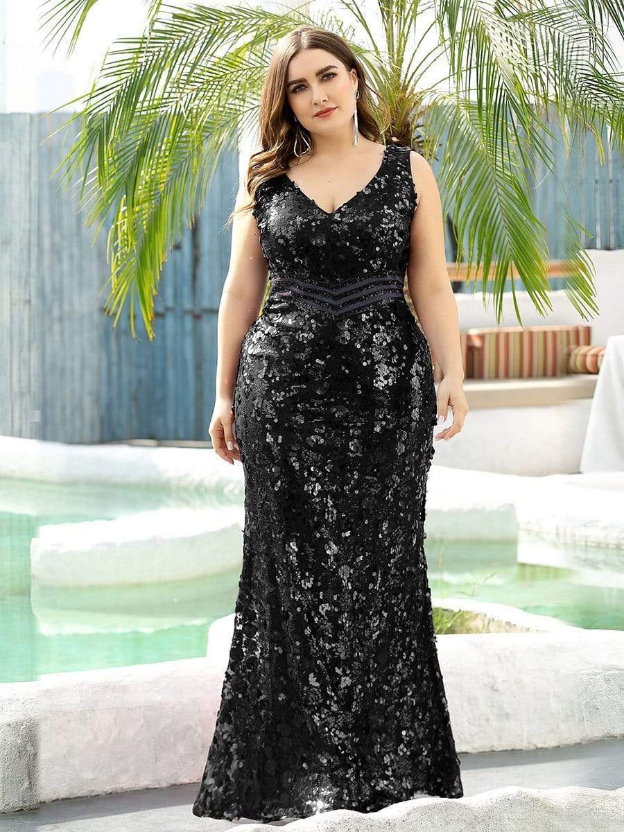 COLOR=Black | Plus Size Maxi Long V Neck Mermaid Sequin Prom Dresses for Women-Black 3 COLOR=Black | Plus Size Maxi Long V Neck Mermaid Sequin Prom Dresses for Women-Black 3