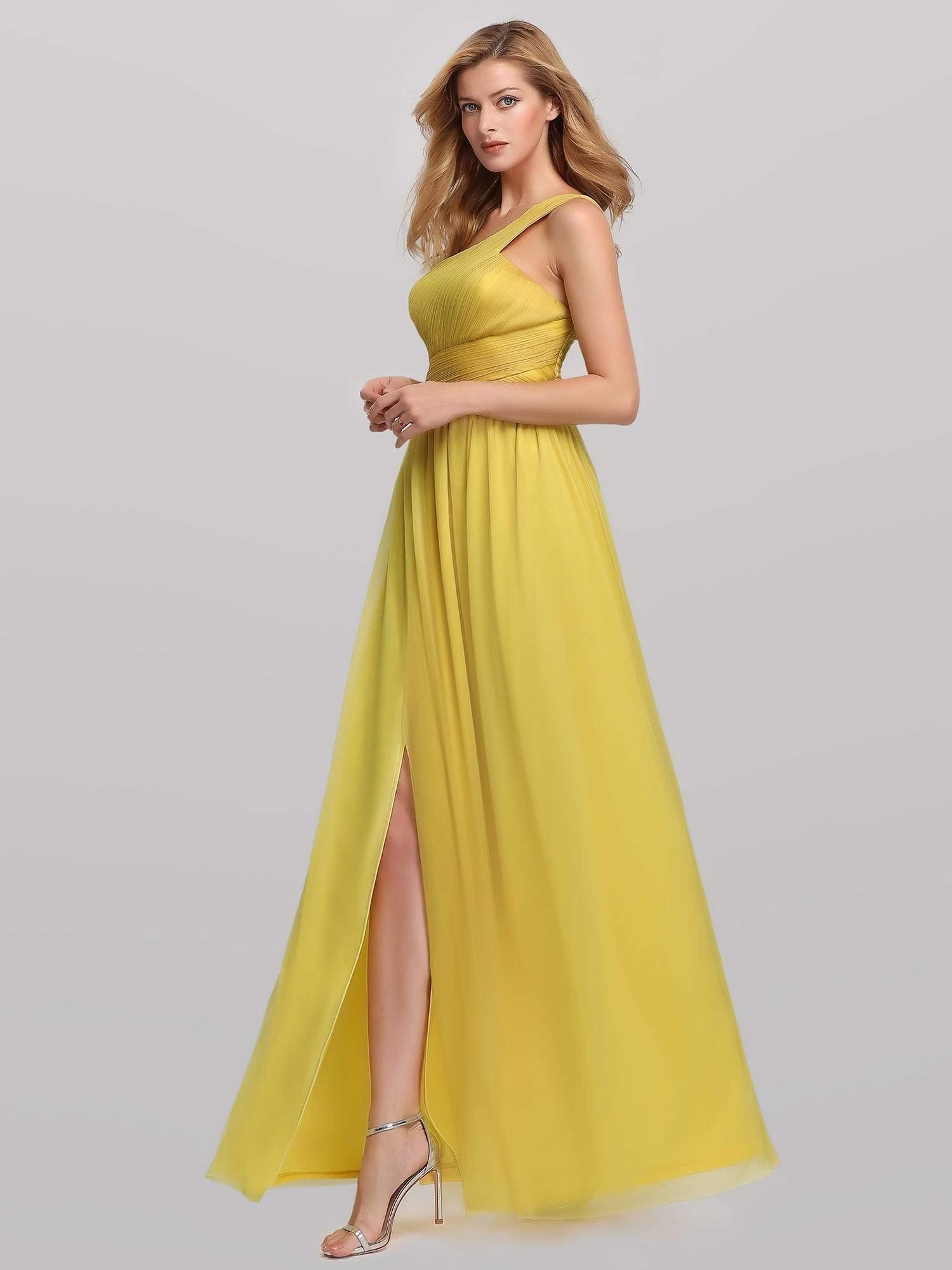 Color=Yellow | Women'S A-Line One Shoulder High Slit Bridesmaid Dress-Yellow 3 Color=Yellow | Women'S A-Line One Shoulder High Slit Bridesmaid Dress-Yellow 3