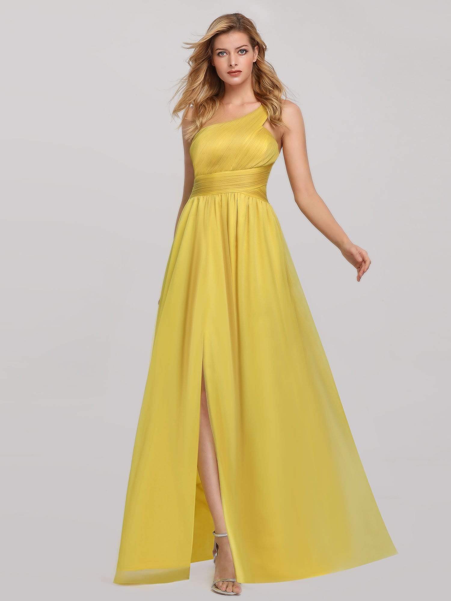 Color=Yellow | Women'S A-Line One Shoulder High Slit Bridesmaid Dress-Yellow 4 Color=Yellow | Women'S A-Line One Shoulder High Slit Bridesmaid Dress-Yellow 4