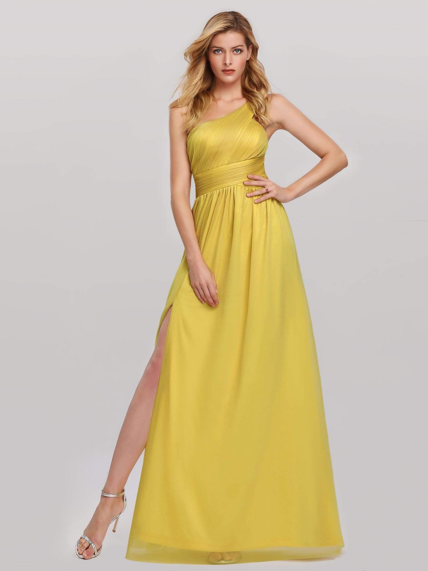 Color=Yellow | Women'S A-Line One Shoulder High Slit Bridesmaid Dress-Yellow 1 Color=Yellow | Women'S A-Line One Shoulder High Slit Bridesmaid Dress-Yellow 1