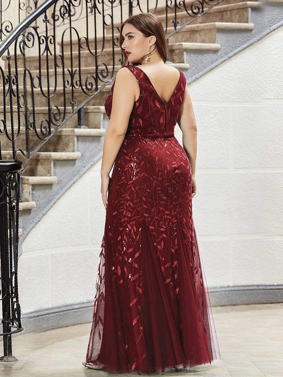 Color=Burgundy | Women'S Double V-Neck Fishtail Seuqin Evening Maxi Dress-Burgundy 7 Color=Burgundy | Women'S Double V-Neck Fishtail Seuqin Evening Maxi Dress-Burgundy 7