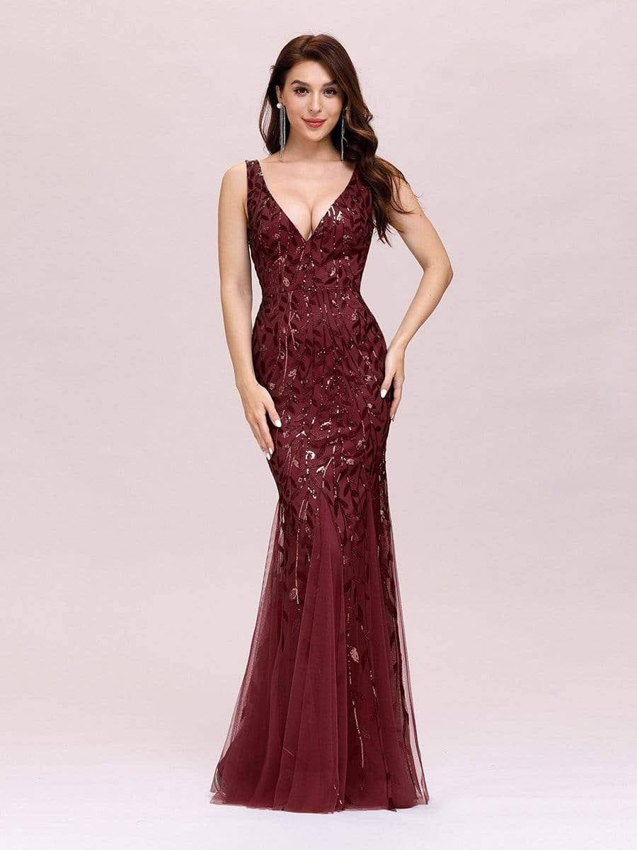 Color=Burgundy | Women'S Double V-Neck Fishtail Seuqin Evening Maxi Dress-Burgundy 3 Color=Burgundy | Women'S Double V-Neck Fishtail Seuqin Evening Maxi Dress-Burgundy 3