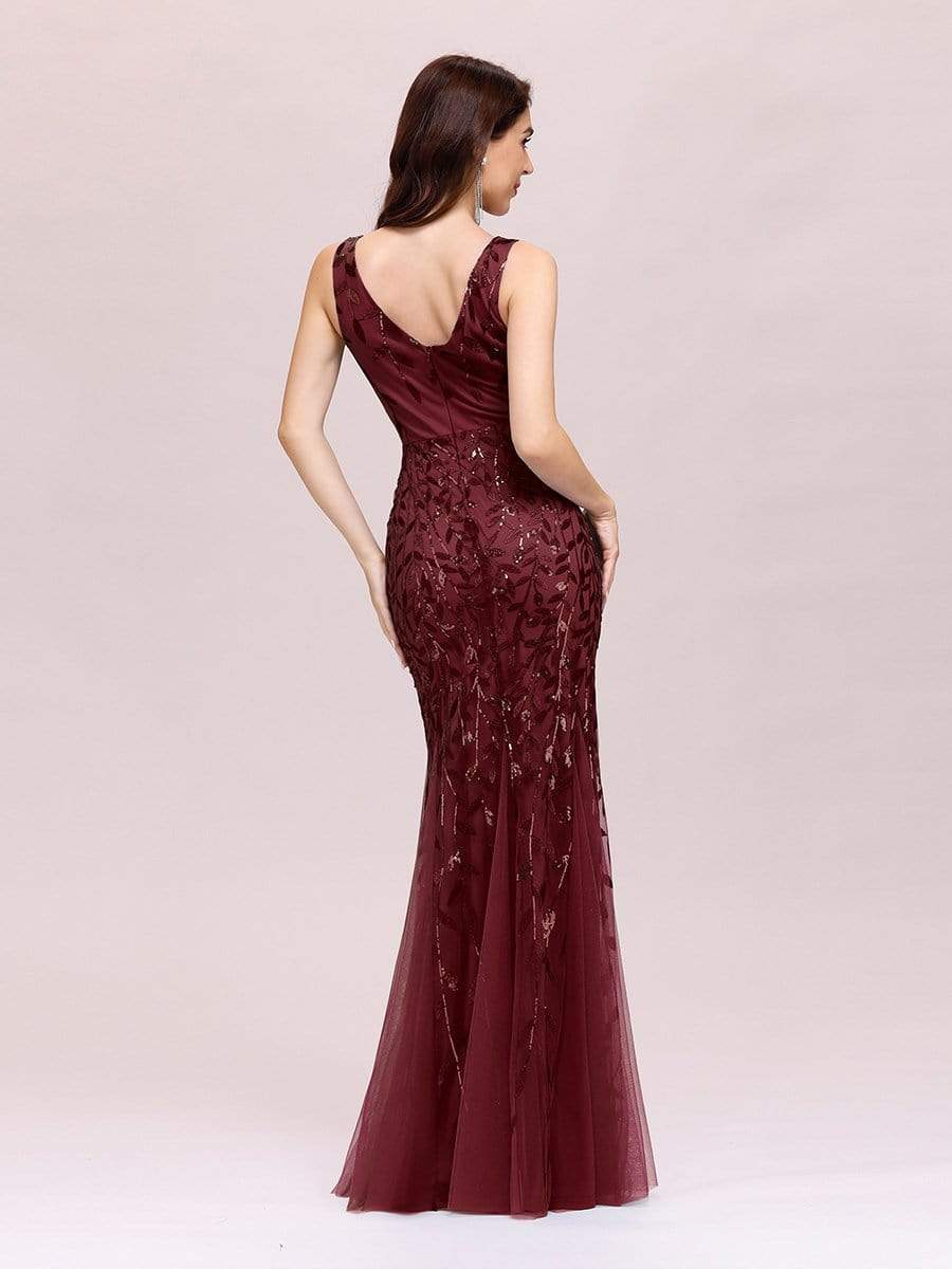Color=Burgundy | Women'S Double V-Neck Fishtail Seuqin Evening Maxi Dress-Burgundy 4 Color=Burgundy | Women'S Double V-Neck Fishtail Seuqin Evening Maxi Dress-Burgundy 4