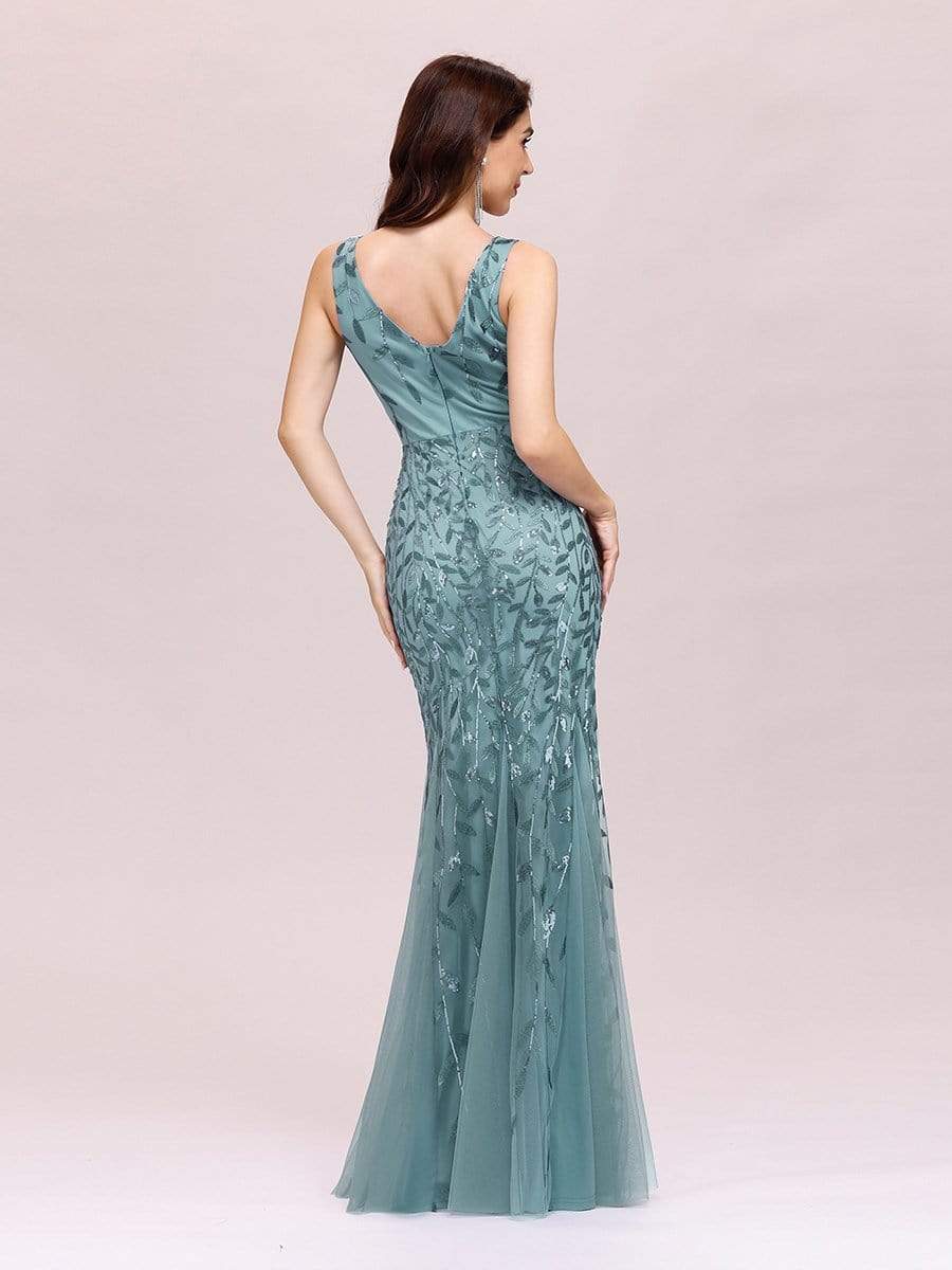 Color=Dusty Blue | Women'S Double V-Neck Fishtail Seuqin Evening Maxi Dress-Dusty Blue 2 Color=Dusty Blue | Women'S Double V-Neck Fishtail Seuqin Evening Maxi Dress-Dusty Blue 2