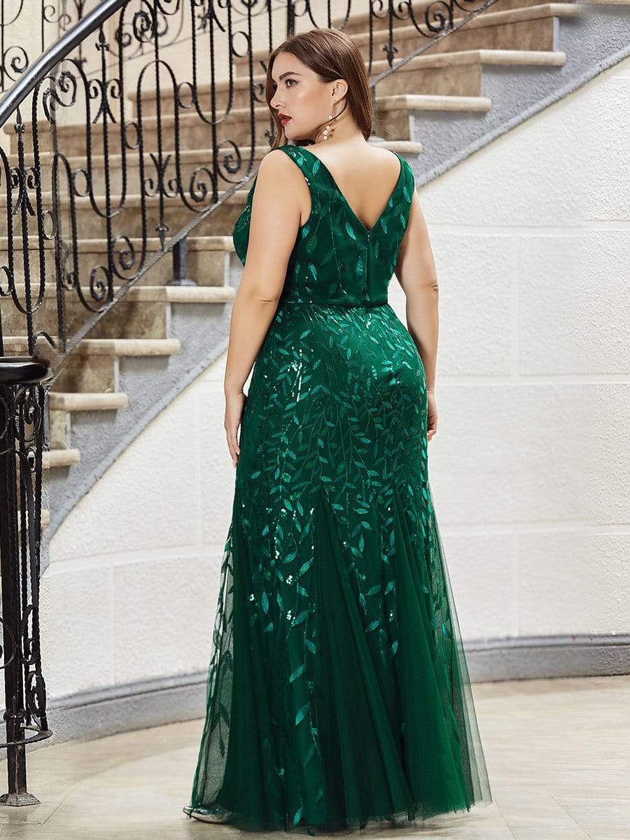 Color=Dark Green | Women'S Double V-Neck Plus Size Fishtail Seuqin Evening Maxi Dress-Dark Green 2