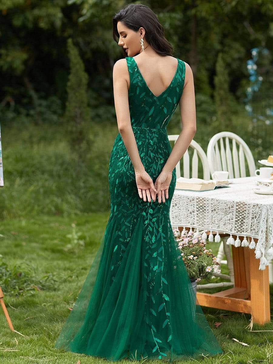 Color=Dark Green | Women'S Double V-Neck Fishtail Seuqin Evening Maxi Dress-Dark Green 2 Color=Dark Green | Women'S Double V-Neck Fishtail Seuqin Evening Maxi Dress-Dark Green 2