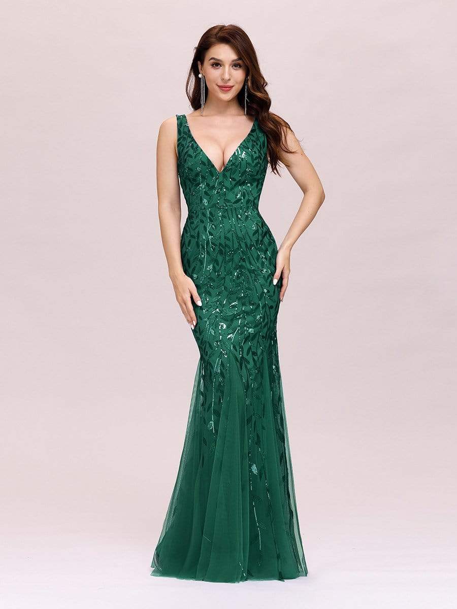 Color=Dark Green | Women'S Double V-Neck Fishtail Seuqin Evening Maxi Dress-Dark Green 3 Color=Dark Green | Women'S Double V-Neck Fishtail Seuqin Evening Maxi Dress-Dark Green 3