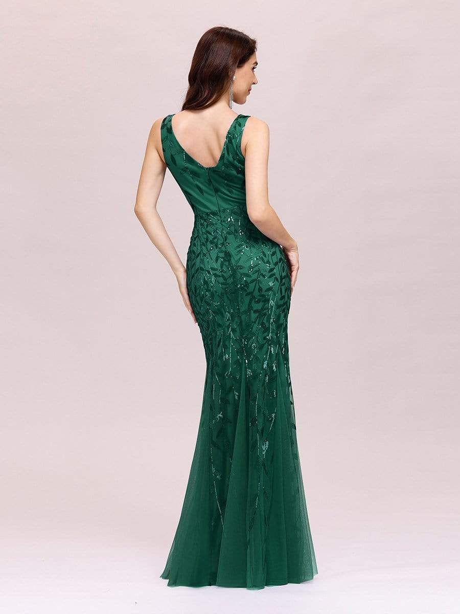 Color=Dark Green | Women'S Double V-Neck Fishtail Seuqin Evening Maxi Dress-Dark Green 4 Color=Dark Green | Women'S Double V-Neck Fishtail Seuqin Evening Maxi Dress-Dark Green 4