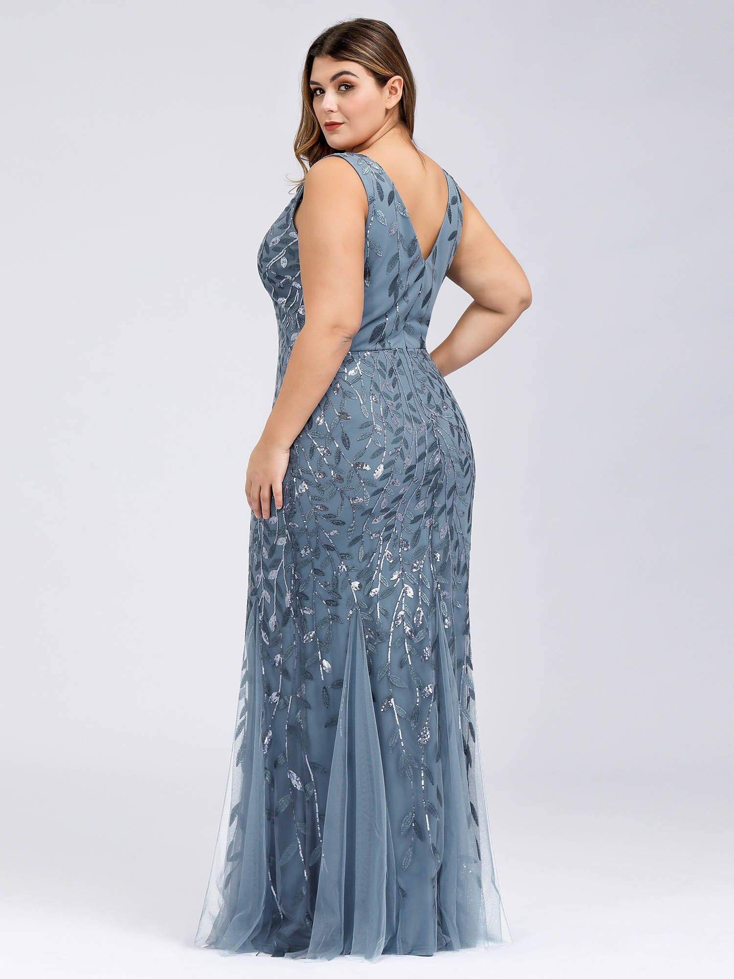 COLOR=Dusty Navy | Women'S Double V-Neck Plus Size Fishtail Seuqin Evening Maxi Dress-Dusty Navy 2 COLOR=Dusty Navy | Women'S Double V-Neck Plus Size Fishtail Seuqin Evening Maxi Dress-Dusty Navy 2