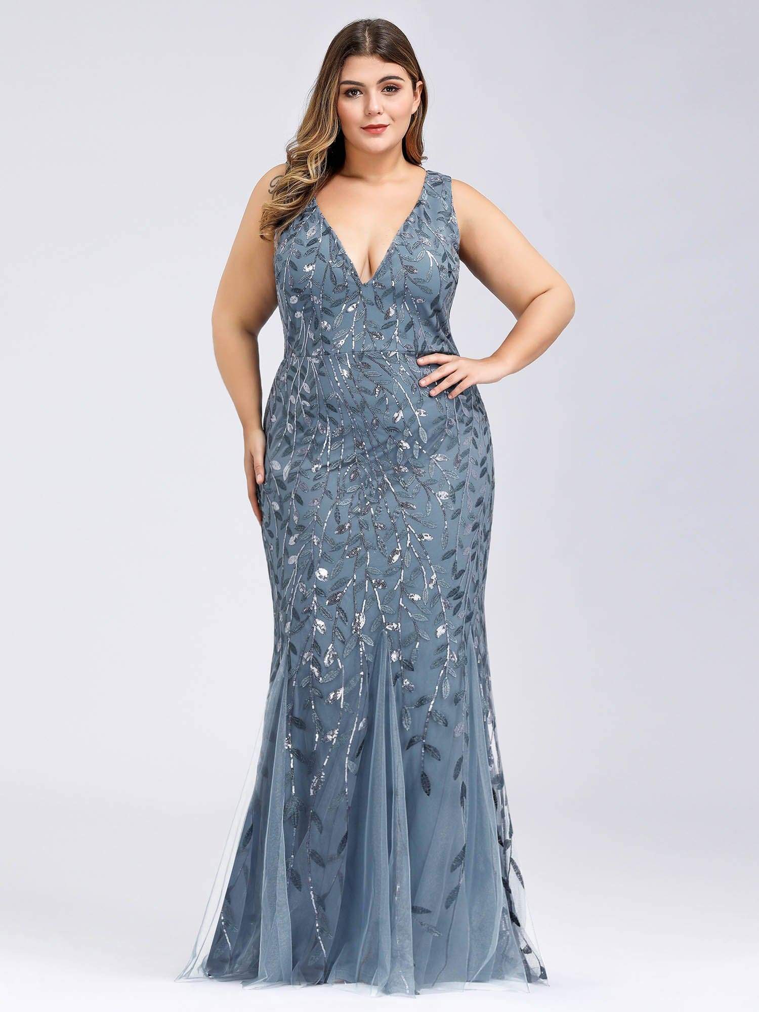 COLOR=Dusty Navy | Women'S Double V-Neck Plus Size Fishtail Seuqin Evening Maxi Dress-Dusty Navy 4 COLOR=Dusty Navy | Women'S Double V-Neck Plus Size Fishtail Seuqin Evening Maxi Dress-Dusty Navy 4
