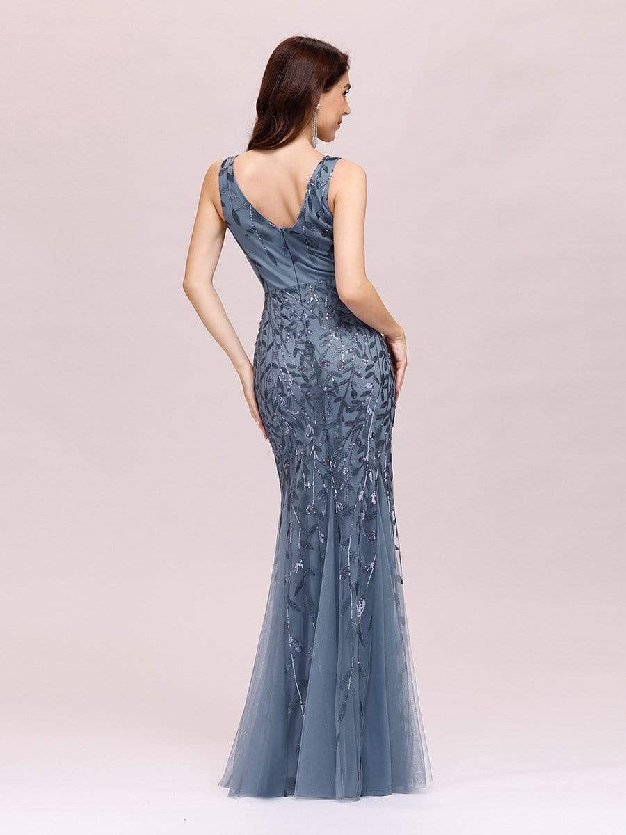 COLOR=Dusty Navy | Women'S Double V-Neck Fishtail Seuqin Evening Maxi Dress-Dusty Navy 2 COLOR=Dusty Navy | Women'S Double V-Neck Fishtail Seuqin Evening Maxi Dress-Dusty Navy 2