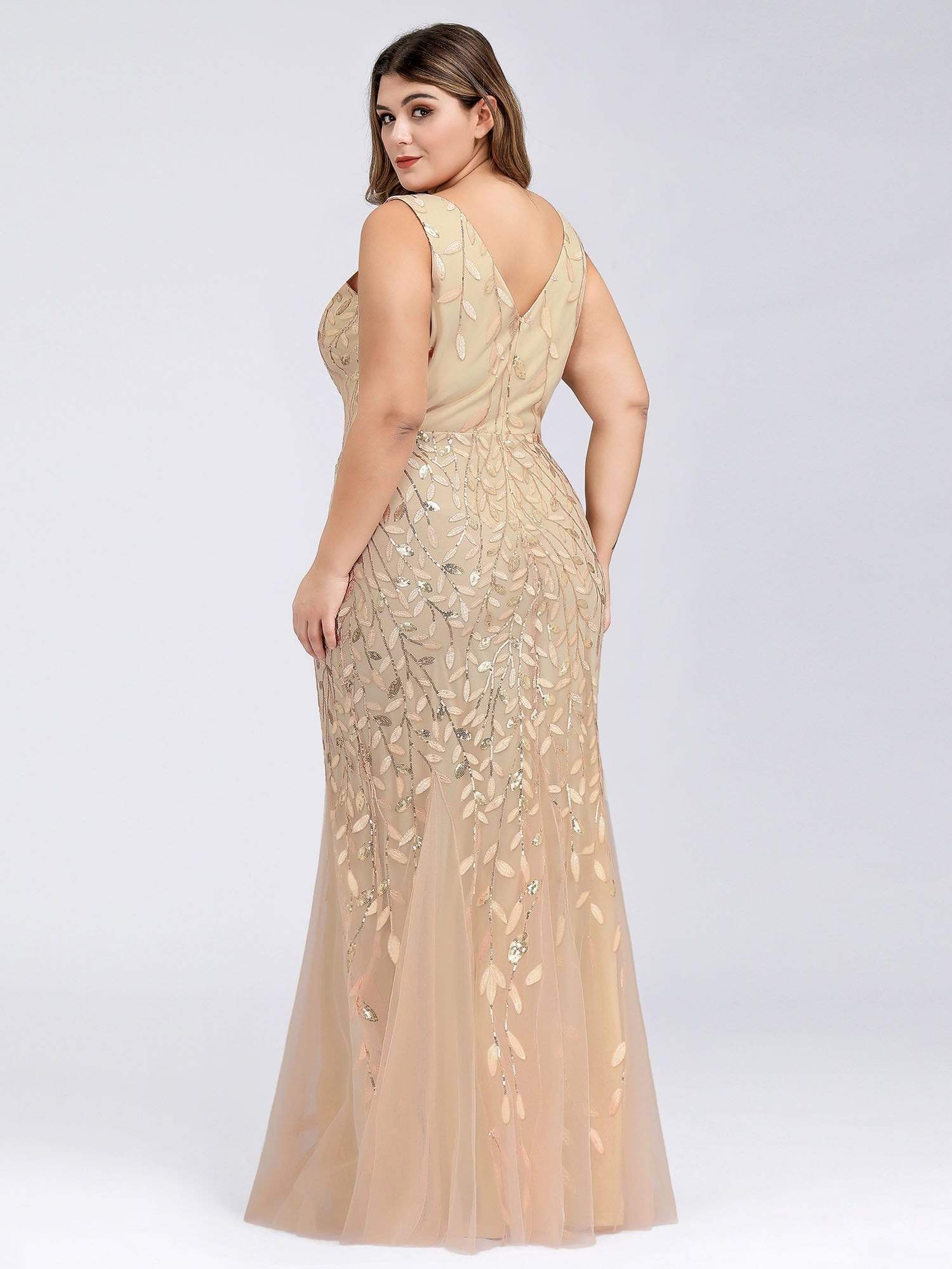 COLOR=Gold | Women'S Double V-Neck Plus Size Fishtail Seuqin Evening Maxi Dress-Gold 2 COLOR=Gold | Women'S Double V-Neck Plus Size Fishtail Seuqin Evening Maxi Dress-Gold 2