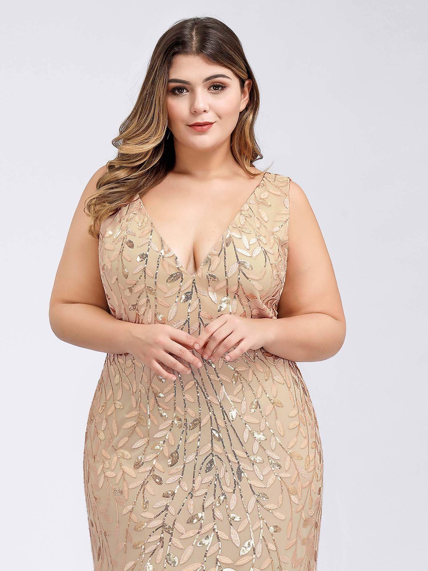 COLOR=Gold | Women'S Double V-Neck Plus Size Fishtail Seuqin Evening Maxi Dress-Gold 5 COLOR=Gold | Women'S Double V-Neck Plus Size Fishtail Seuqin Evening Maxi Dress-Gold 5