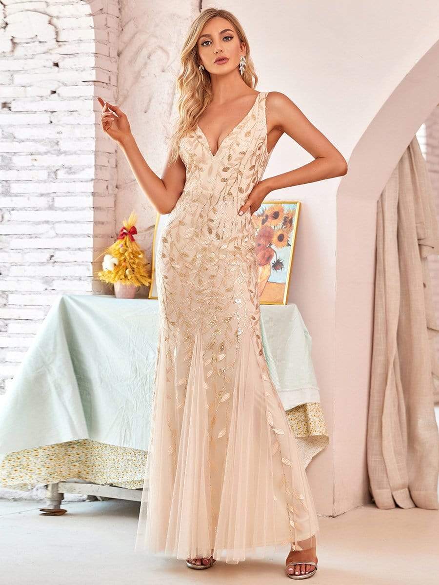 OLOR=Gold | Women'S Double V-Neck Fishtail Seuqin Evening Maxi Dress-Gold 1 OLOR=Gold | Women'S Double V-Neck Fishtail Seuqin Evening Maxi Dress-Gold 1